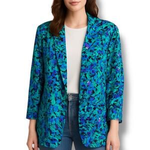 Vintage 90s Blazer Jacket Aqua Blue Purple Floral Print USA Made Oversized